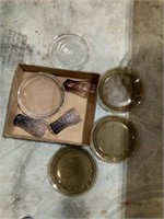 box lot of cleanup pyrex pie plates, coke glasses