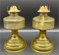 PAIR OF ANTIQUE AMBER OIL LAMPS