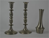 Pewter Candle Sticks & Vase