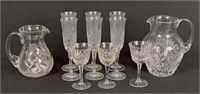 Two Leaded Crystal Pitchers & 9 Glasses