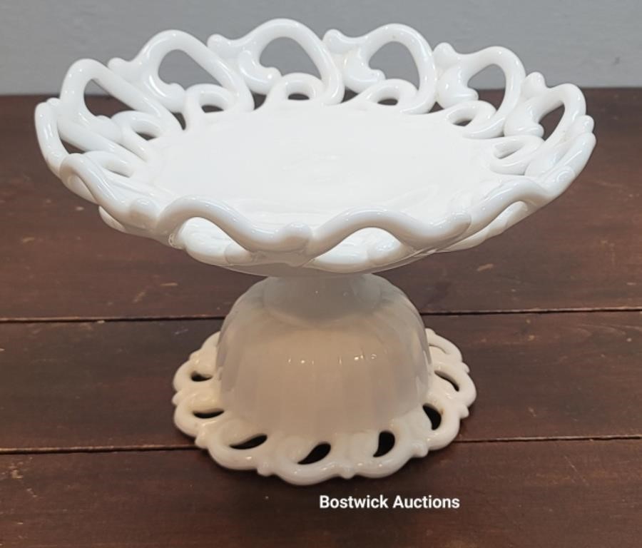 Fostoria Milk Glass Pedestal Lace Fruit Bowl