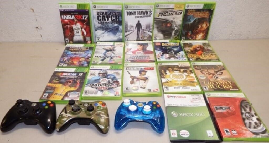 (17) X-Box 360 Games & (3) Contollers - Gaming