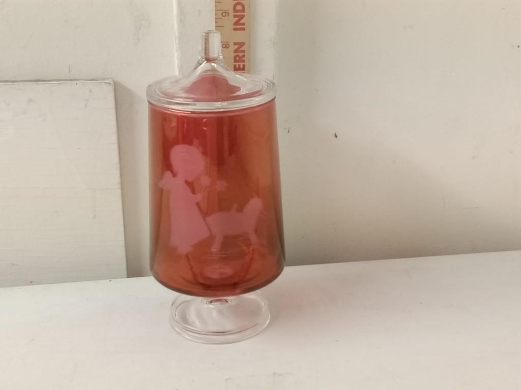 vtg ruby & clear etched apothecary candy jar