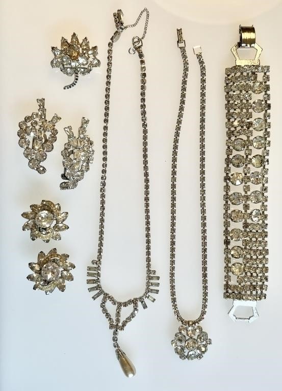 Rhinestone necklaces, earrings, brooch