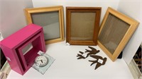 (3) wooden frames, (2) pink square shelves,