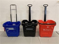 3 Plastic Shopping Baskets With Wheels & Handle
