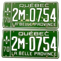 2 plaques d'immatriculation identiques QUÉBEC 1970