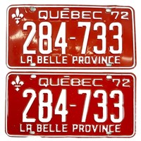 2 plaques d'immatriculation identiques QUÉBEC 1972