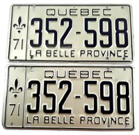 2 plaques d'immatriculation identiques QUÉBEC 1971