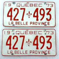 2 plaques d'immatriculation identiques QUÉBEC 1973