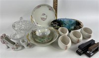 Glass candy dish, porcelain bowl & plate, staplers