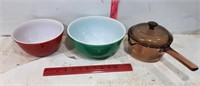 Red & Green Pyrex Mixing Bowls & Visionware Pot w/