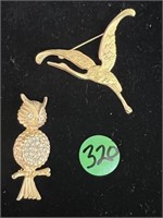 2 Brooches: Owl w/Rhinestones & Swan (Alva)