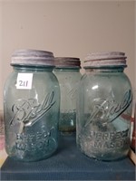 Three Vtg. Green Ball Quart Size  Jars w/ Lids