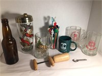 VINTAGE BARWARE, STIRRERS & AN EMBOSSED BROWN DU B