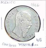 1866 Mexico Maximillian Peso Silver.