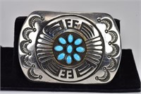Indian Sterling Belt Buckle with Turquoise Signed