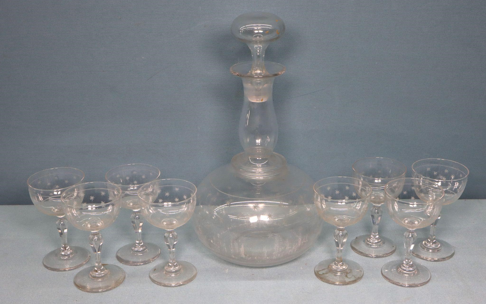 Engraved Glass Decanter & 8 Cordials