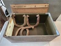 Vintage Bin and 4 Horse Shoes