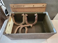 Vintage Bin and 4 Horse Shoes