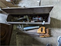 Metal Tool Box w/ Saws, Caulk Guns, Other
