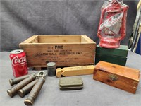 Wood ammo box, hand grips, US GOVT First Aid tin,