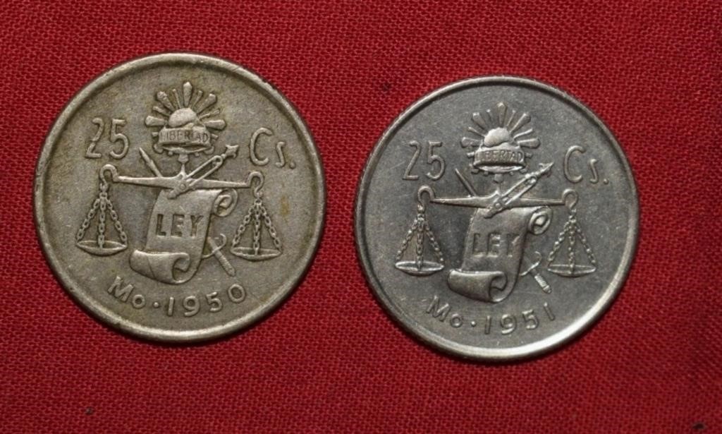 1950 & 1951 Mexico Silver 25 Centavos ASW 0.0321ea