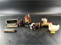 Box with vintage harmonicas, figurines, etc.