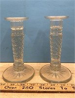 Pair of Vintage Cut Glass Candlesticks (7"H)