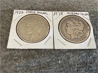 1878 Morgan Dollar and 1922 Peace Dollar
