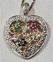 Gold Over Sterling Hart Pendant W/Natural Gems