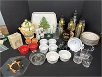 Useful glassware, small bowls, cracker jar, salt,