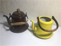Pair of Brown & Yellow Metal Teapots