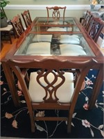 Dining Room Glass Top Table, Eight Chairs