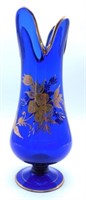 Hand Blown and Gilt Painted Cobalt Vase.