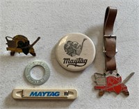 lot of 5 Maytag pins, watch fob, washer, knife