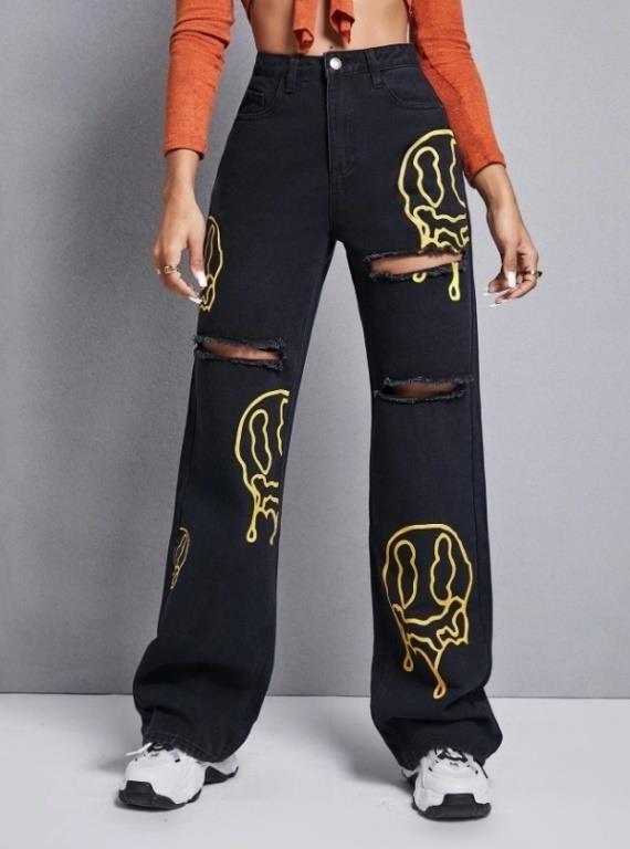 Graphic Print Ripped Wide Leg Jeans-L