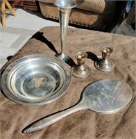 Sterling bowl, hand mirror, candle holders, vase
