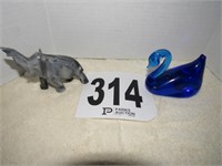 (2) Paper Weight Marble Elephant & Blue Swan