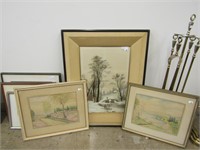 TWO WATERCOLOURS & SILK FRAME WALL HANGING