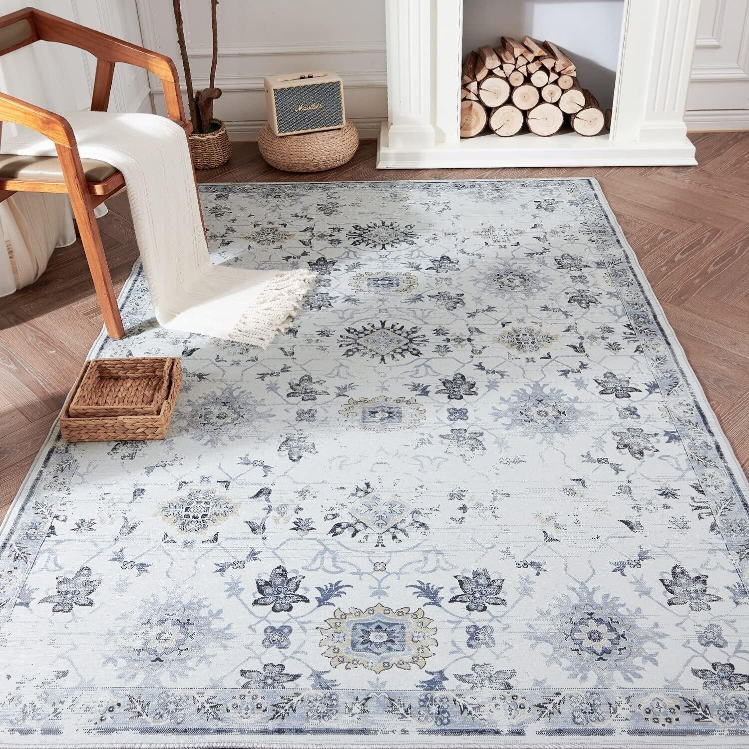 jinchan 5x7 Washable Light Grey Floral Rug