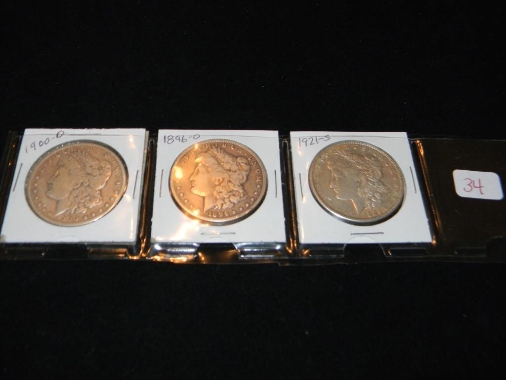 1900-0, 1896-0, 1921-S Morgan $1
