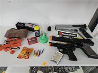 BB pistol, 2 toy guns and accessories