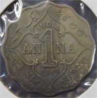 1917 British India 1 Anna coin