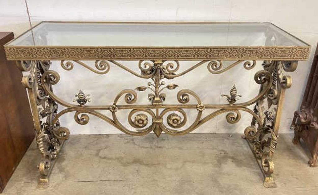 Ornate Metal Console Table with Glass Top