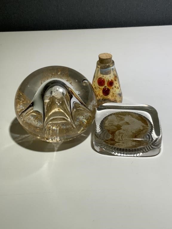 VTG Glass Paper Weights & Bottle