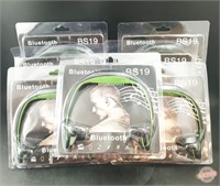Lot of 7 Green On Black Bluetooth Headsets