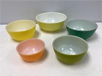 Two Pyrex, Three Fire King Mixing Bowls