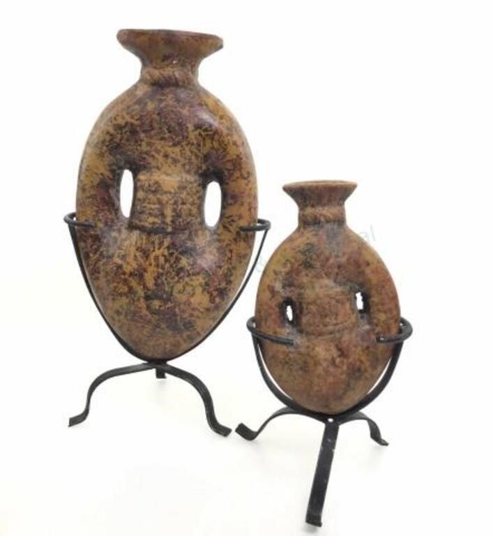 (2) Pottery Vases W/ Metal Stands