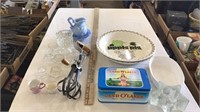 Vintage hand mixer, pie pans, glass decorative
